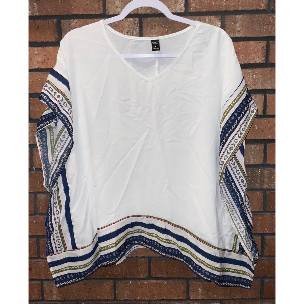 Emery Rose White Boho V-Neck Poncho Blouse Navy Blue‎ Geometric Border Print M